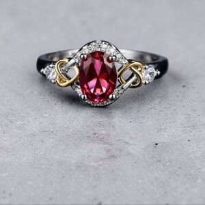 Boutique 14K White Gold CZ & Red Jewel Ring Heart Love Promise Valentine